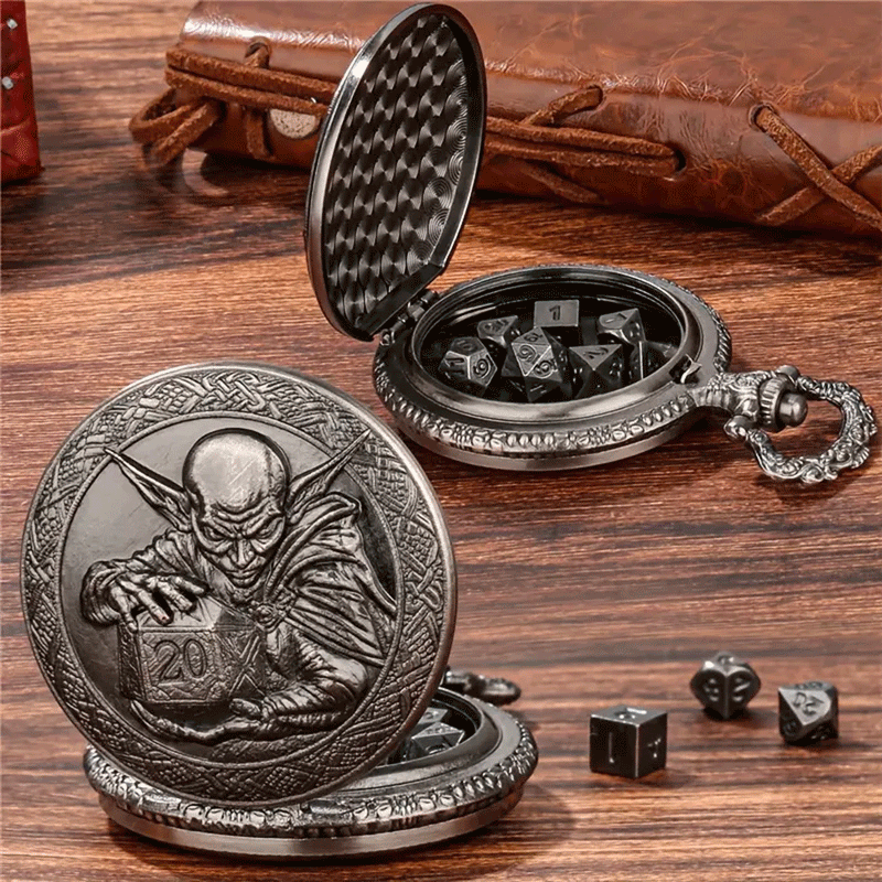 Dice Goblin - 7 Piece Mini Metal Polyhedral Dice Set & Pocket Watch Style Case