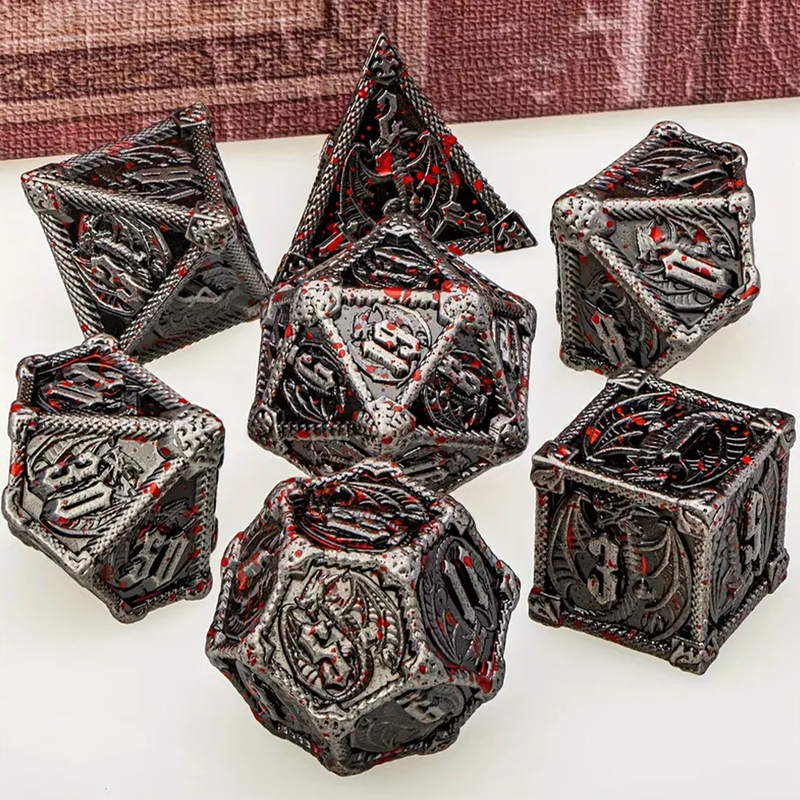 Splatter Drake - 7 Piece Metal Polyhedral Dice Set & Dice Case