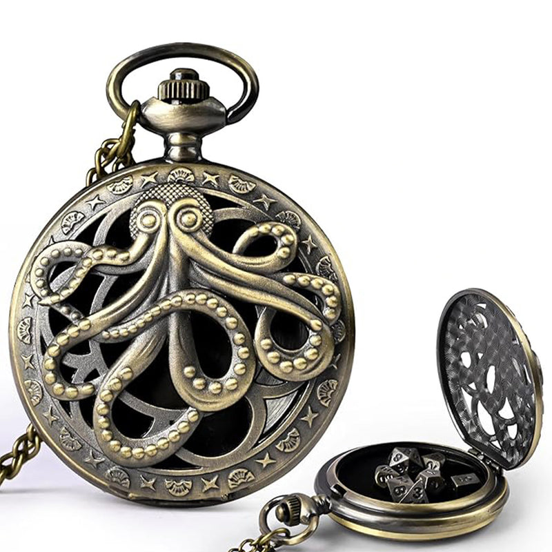 Elder Brain (Brass) - 7 Piece Mini Metal Polyhedral Dice Set & Pocket Watch Style Case