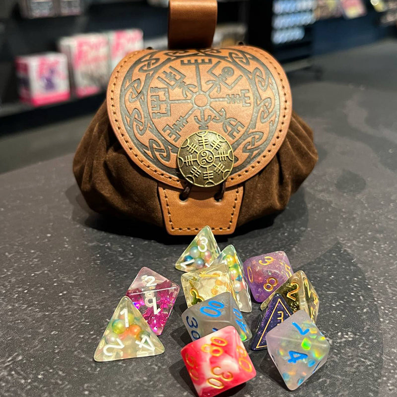 Gaea's Compass Belt Pouch - 2-in-1 Drawstring Faux Leather Dice Bag & Dice Tray