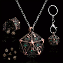 Jade Dragon Eye Dice Necklace with 7 Piece Mini Metal Polyhedral Dice Set
