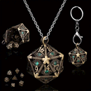 D20 Cage Dice Necklace (Bronze) with 7 Piece Mini Metal Polyhedral Dice Set