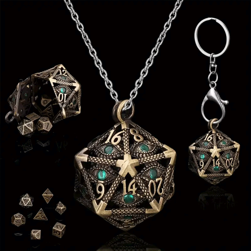 D20 Cage Dice Necklace (Bronze) with 7 Piece Mini Metal Polyhedral Dice Set