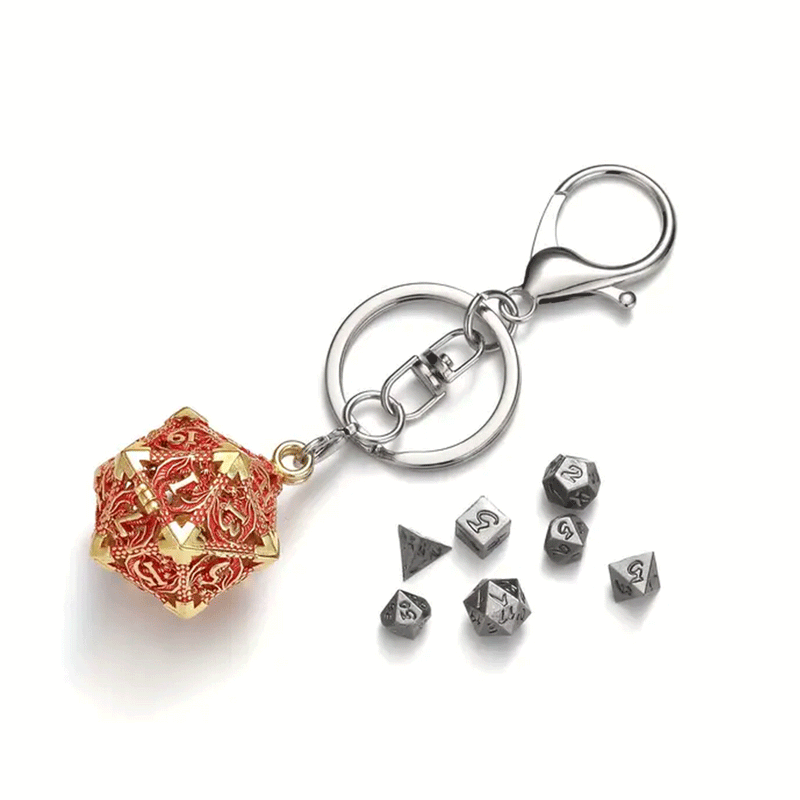 Dracoblaze Dice Keychain with 7 Piece Mini Metal Polyhedral Dice Set